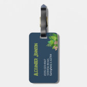 Étiquette À Bagage Dinosaure bleu aquarelle avec nom enfant (Dos Vertical)