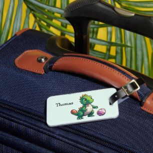 Étiquette À Bagage Dinosaure vert mignon avec oeufs de Pâques
