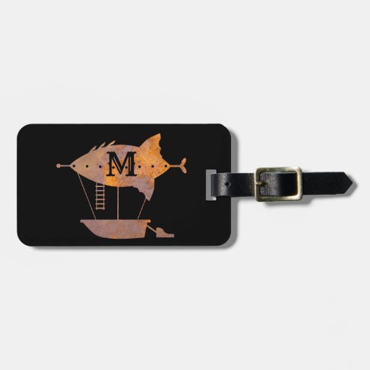 Étiquette À Bagage Dirigeable rouillé Steampunk Monogramme personnali (Devant horizontal)
