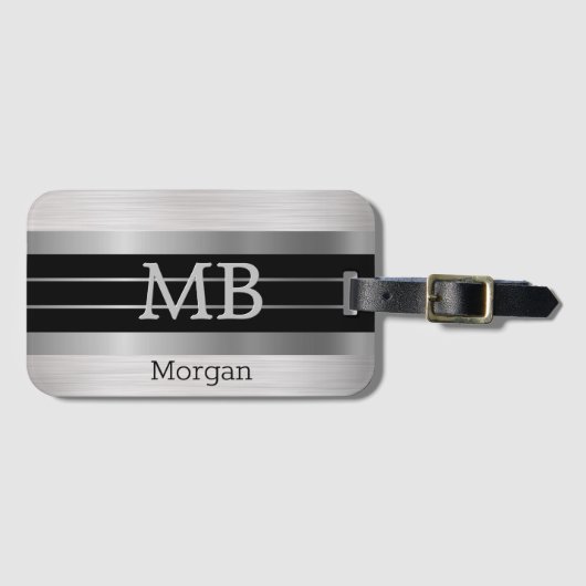 Étiquette À Bagage do-it-yourself Monogramme/Nom Bk/Silver Stripes Br (Devant Horizontal)