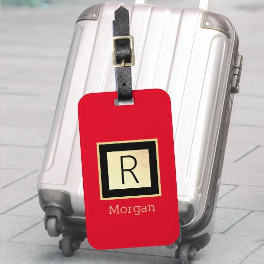 Étiquette À Bagage do-it-yourself Nom & Monogramme, Boîte noire & or,