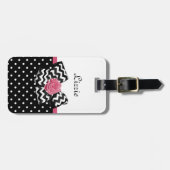 Étiquette À Bagage Dots noirs mignons Rose Chevron Bow et nom (Devant horizontal)
