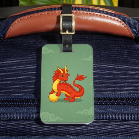 Étiquette À Bagage Dragon Chinois Rouge sur Fond Vert (Insitu Rectoal 2)