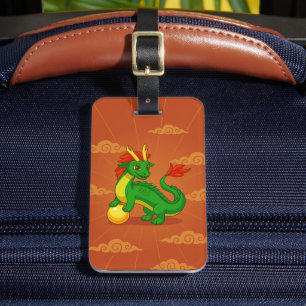 Étiquette À Bagage Dragon Chinois Vert sur Fond Rouge