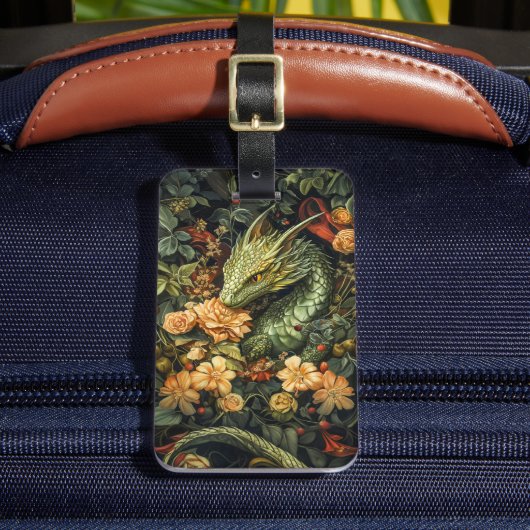 Étiquette À Bagage Dragon vert enchanté avec élégant tableau floral (Insitu Rectoal 2)