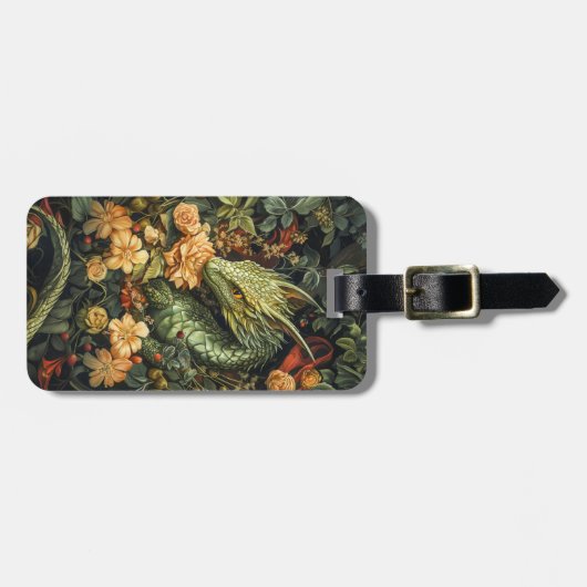 Étiquette À Bagage Dragon vert enchanté avec élégant tableau floral (Devant horizontal)