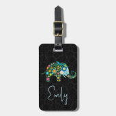 Étiquette À Bagage Drames noirs arrière - plan joli éléphant floral (Devant Vertical)