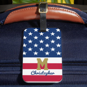Étiquette À Bagage Drapeau américain 4 JUILLET Nom et monogramme