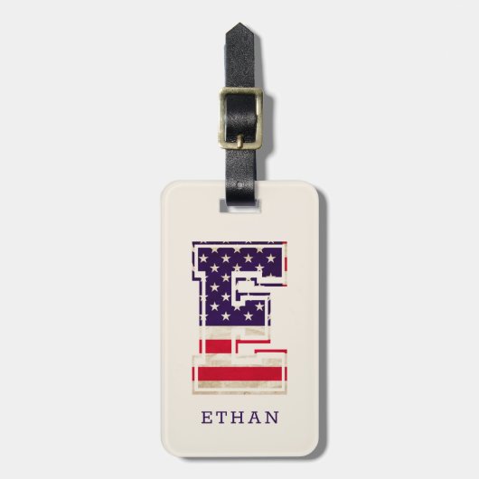 Étiquette À Bagage Drapeau américain moderne Monogramme E (Devant Vertical)