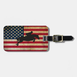 Étiquette À Bagage Drapeau Silhouette Horse Jumping Patriotique USA