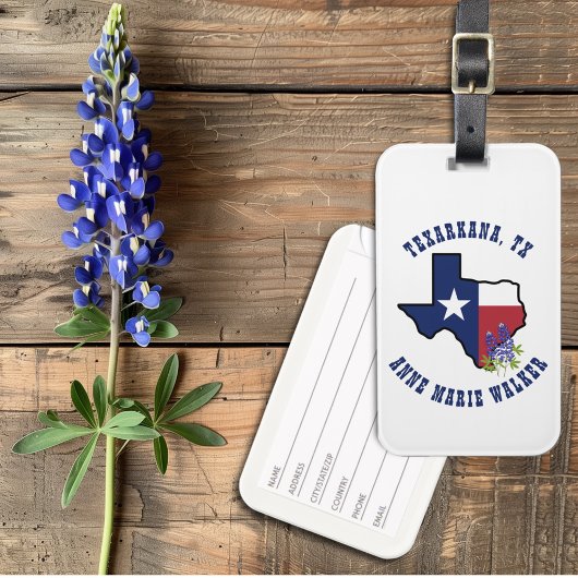 Étiquette À Bagage Drapeau Texas avec Fleur d'État Bluebonnet personn