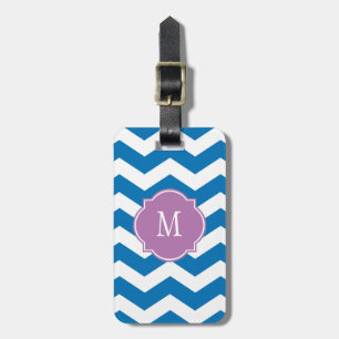 Étiquette À Bagage Éblouissante Bleue et Blanc Chevron Monogramme Bag
