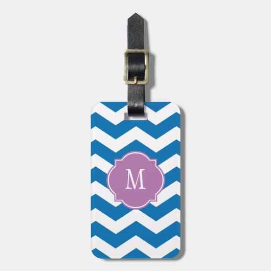 Étiquette À Bagage Éblouissante Bleue et Blanc Chevron Monogramme Bag (Devant Vertical)