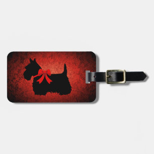Étiquette À Bagage Écossais Terrier, silhouette, arc, rouge de granit