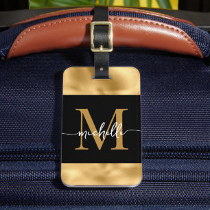 Étiquette À Bagage Écriture de monogramme élégante noir et métallisé 