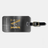 Étiquette À Bagage Écriture Initiale Monogramme Or Métal Noir Élégant (Devant horizontal)