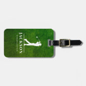 Étiquette À Bagage Effet Cuir vert Monogramme personnalisé Golfer (Devant horizontal)