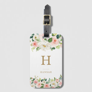 Étiquette À Bagage Élégant Aquarelle Blush Monogramme Floral