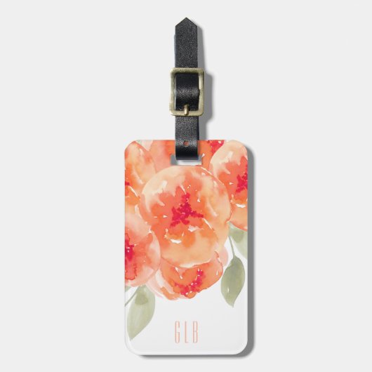 Étiquette À Bagage Élégant Aquarelle Peach Peonies Monogramme Balise (Devant Vertical)