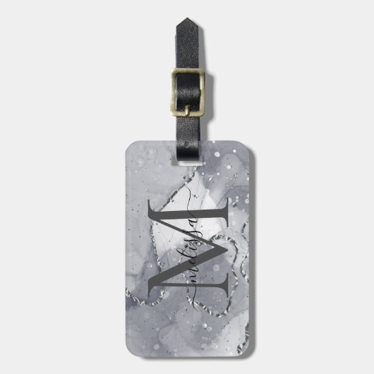 Étiquette À Bagage Élégant argent et noir monogramme (Devant Vertical)