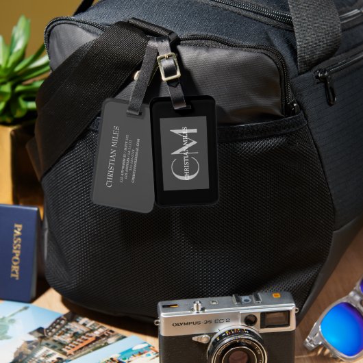 Étiquette À Bagage Élégant argent noir monogrammé Nom personnalisé (Recto & Verso)