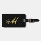 Étiquette À Bagage Elegant Black Gold Monogram Script Initial  (Devant horizontal)
