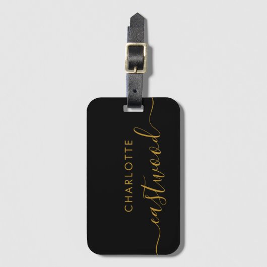 Étiquette À Bagage Elegant Black Gold Monogram Script Name Stylish (Devant Vertical)