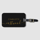 Étiquette À Bagage Elegant Black Gold Monogram Script Name Stylish (Devant Horizontal)