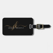 Étiquette À Bagage Élégant Black Gold Script Monogramme Nom Simple (Devant horizontal)