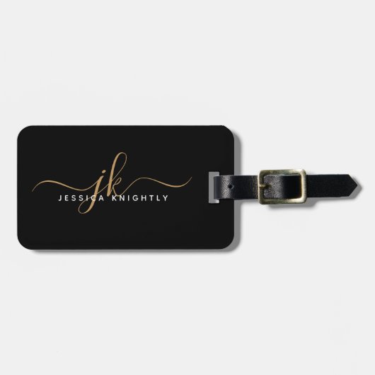 Étiquette À Bagage Élégant Black Gold Script Monogramme Nom Simple (Devant horizontal)