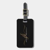 Étiquette À Bagage Élégant Black Gold Script Monogramme Nom Simple (Devant Vertical)