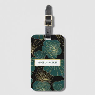 Étiquette À Bagage Élégant Black Green Gold Outline Feuilles Ginkgo