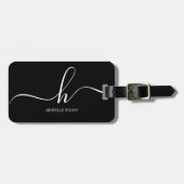 Étiquette À Bagage Elegant Black White Monogram Initial Script Name  (Devant horizontal)