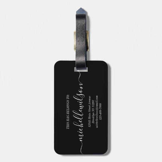 Étiquette À Bagage Elegant Black White Monogram Initial Script Name  (Dos Vertical)