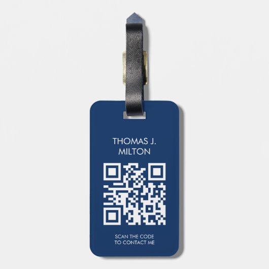 Étiquette À Bagage Élégant bleu blanc gras monogramme QR Code (Dos Vertical)