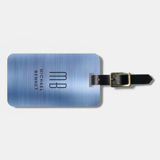 Étiquette À Bagage Élégant Bleu Brossé Métal Monogramme (Devant horizontal)