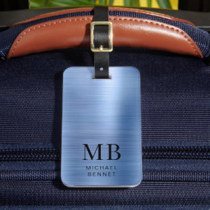 Étiquette À Bagage Élégant Bleu Brossé Métal Monogramme