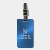 Étiquette À Bagage Élégant Bleu Brossé Métallique Monogramme Initial  (Devant Vertical)