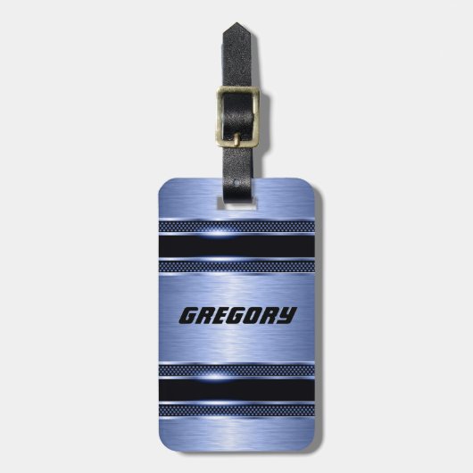 Étiquette À Bagage Élégant Bleu Clair Faux Rayures métalliques (Devant Vertical)