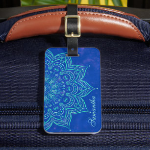 Étiquette À Bagage Elégant bleu et Turquoise Aqua Mandala Monogrammé
