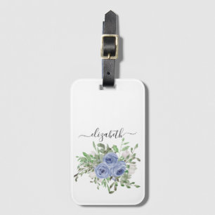 Étiquette À Bagage Elégant bleu Floral Aquarelle Girly Nom du script