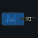 Étiquette À Bagage Élégant bleu marine Monogramme blanc Nom du script<br><div class="desc">Elégant Marine Bleu Blanc Monogramme Nom du script Sac élégant Tag</div>