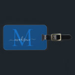 Étiquette À Bagage Élégant bleu marine Monogramme blanc Nom du script<br><div class="desc">Elégant Marine Bleu Blanc Monogramme Nom du script Sac élégant Tag</div>