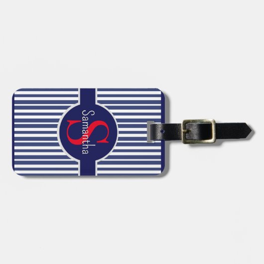 Étiquette À Bagage Élégant bleu marine rouge rayé monogramme initial (Devant horizontal)