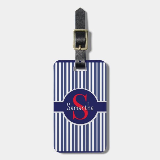 Étiquette À Bagage Élégant bleu marine rouge rayé monogramme initial (Devant Vertical)
