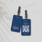 Étiquette À Bagage Élégant bleu or gras monogramme QR Code
