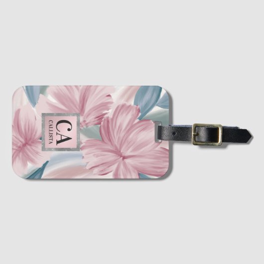 Étiquette À Bagage Élégant bleu rose argent Parties scintillant flora (Devant Horizontal)
