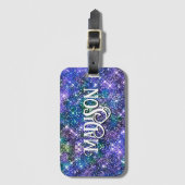 Étiquette À Bagage Élégant bleu vert faux Parties scintillant monogra (Devant Vertical)