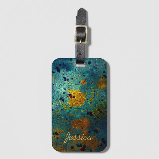 Étiquette À Bagage Elegant Blue and Gold Vine Abstract Personalised (Devant Vertical)