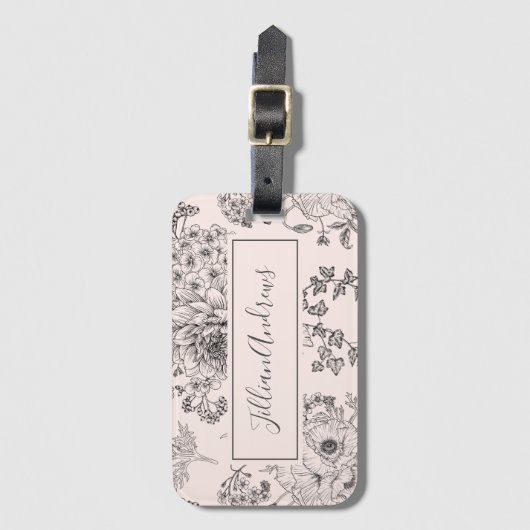 Étiquette À Bagage Élégant Blush Black Rose Floral Design Nom Script (Devant Vertical)